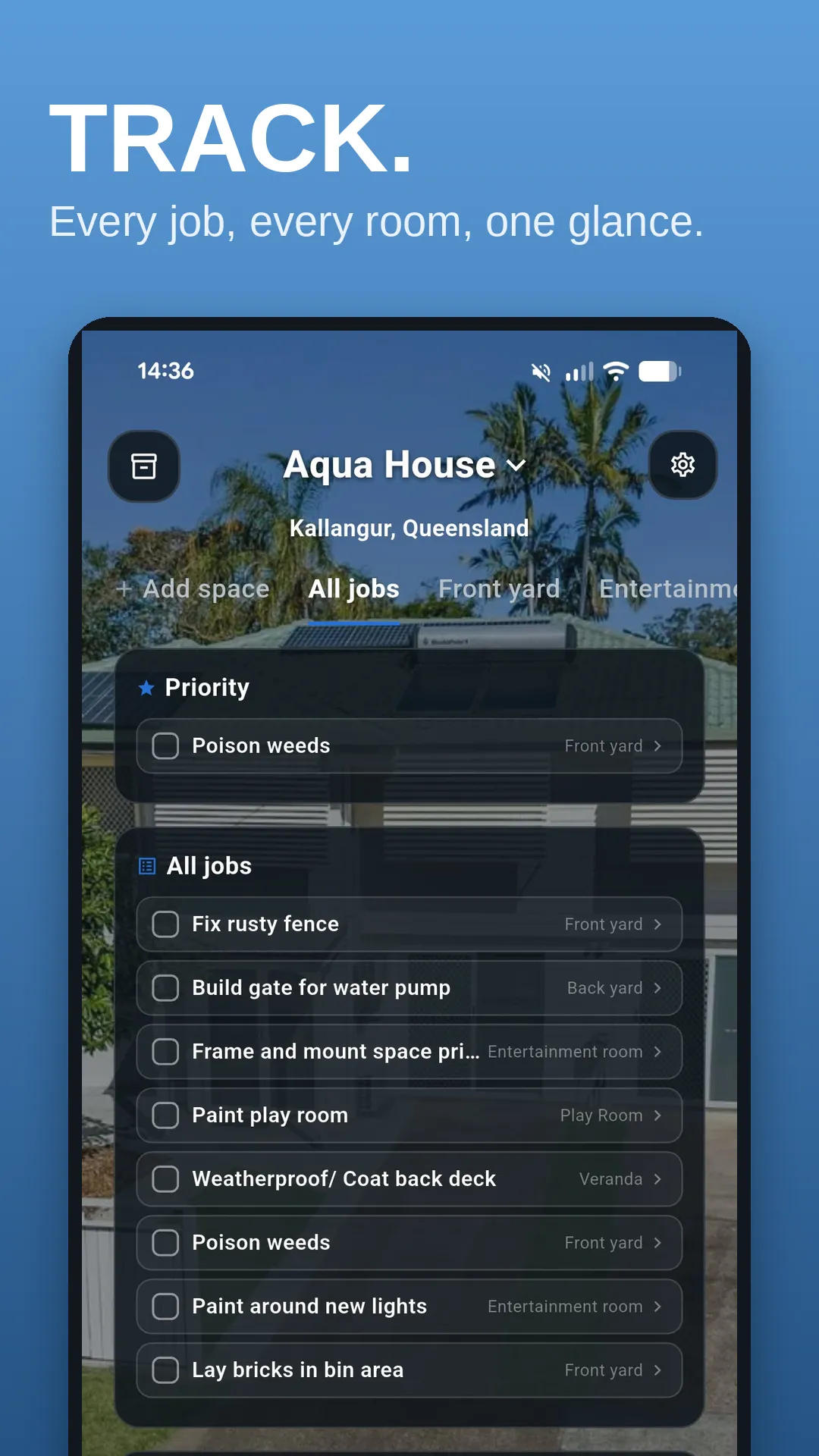 Jib app screen: Every job, every room, one glance