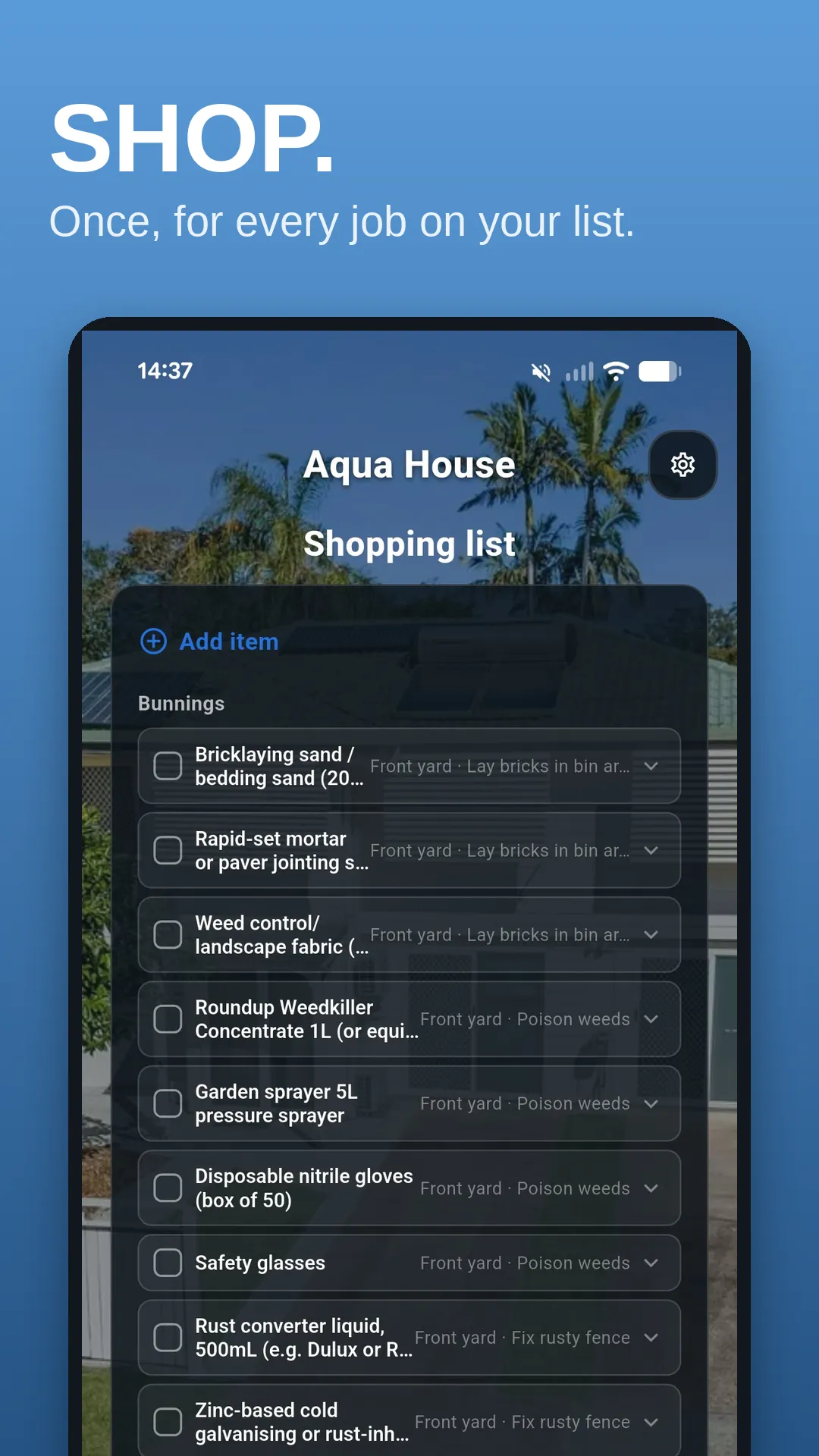 Jib app screen: One shopping list for every job